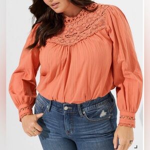 NWT Torrid Cotton Lace Trim Yoke Blouson Sleeve Top Size 1X Long Sleeve